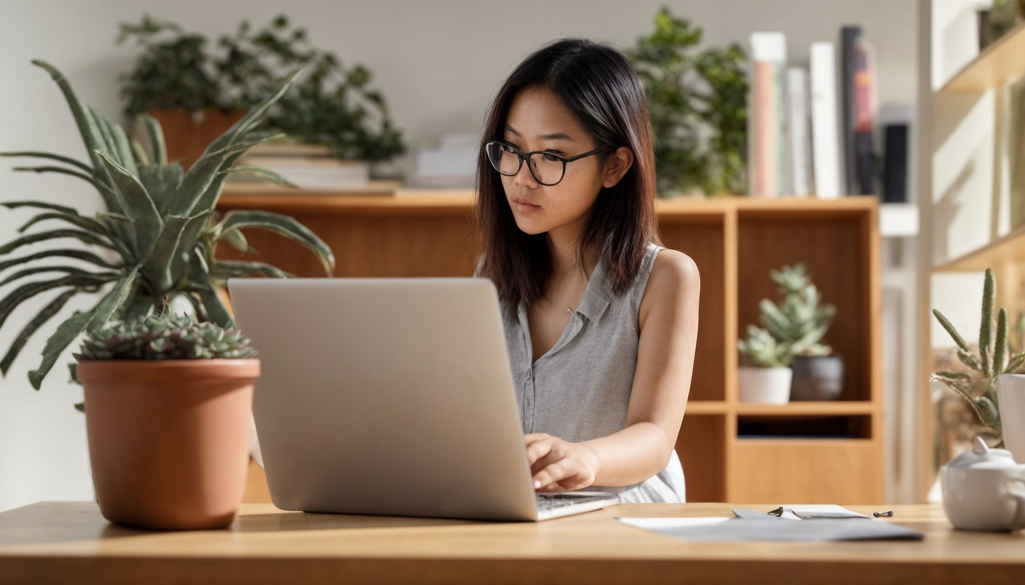 Blogger perempuan muda sedang menulis artikel pertama di laptop di meja kerja rumahan yang nyaman